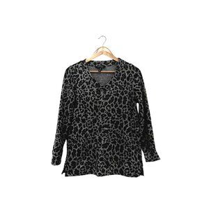 Ellen Tracy Gray Womens Leopard Print V-Neck Long Sleeve Top Medium